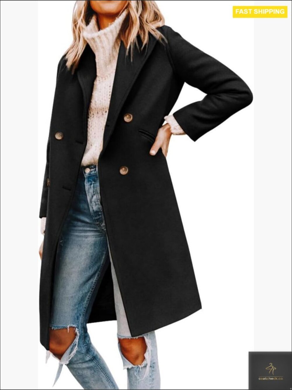 Double Breasted Peacoat Wool Notched Lapel Trench Coat Classic Elegant Winter